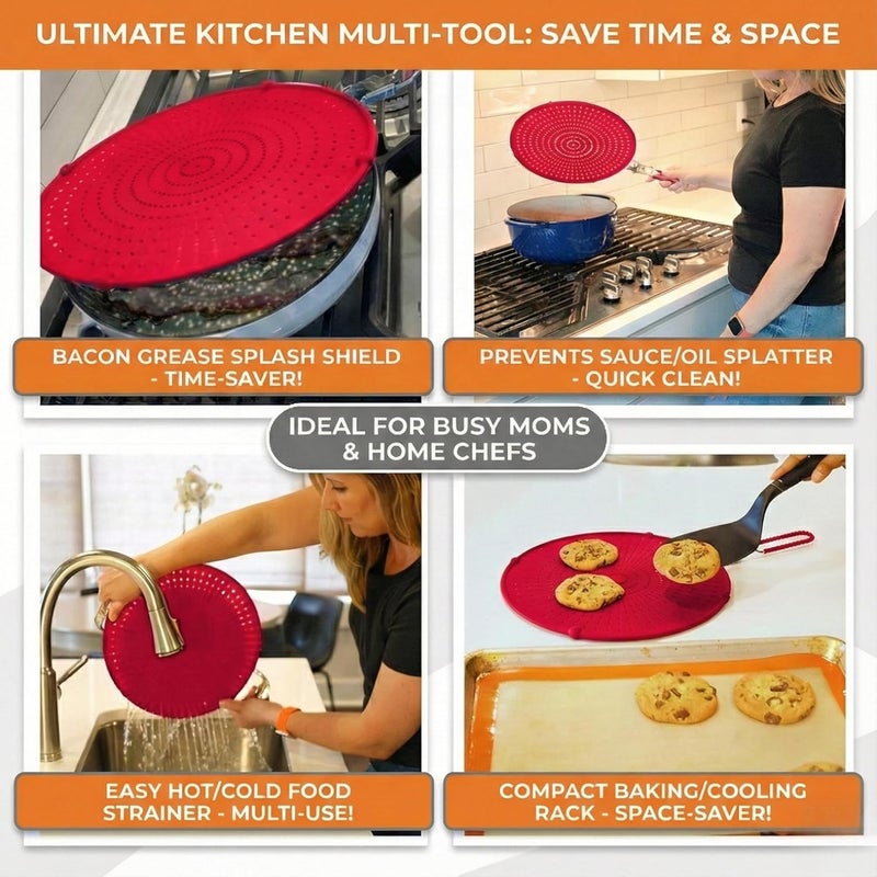 Allumerous Store Silicone Splatter Screen for Frying Pan | Red 13"| No More Oil Splatters | Foldable Handle w/Sleeves, Heat-Resistant, Dishwasher-Safe | Versatile Tool Fits 10"–12″ Pans (Most 13″ Skillets Compatible) - Image 3